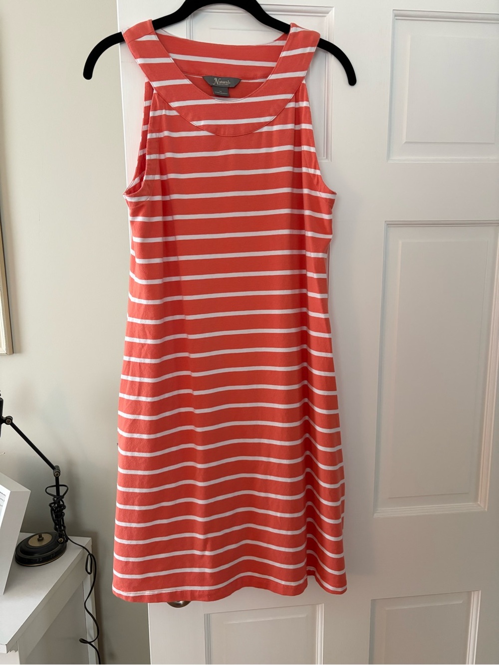 Natural Reflections Coral and White Sleeveless Striped Midi Dress